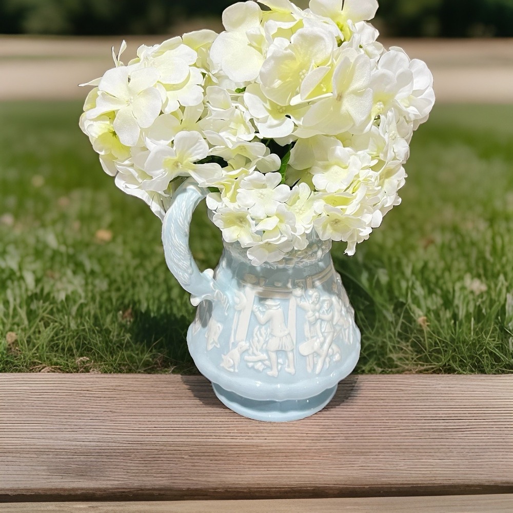 Antique Ridgway Staffordshire Tam O Shanter Lg Pitcher Jug Relief Light Blue 10" - Picture 2 of 12